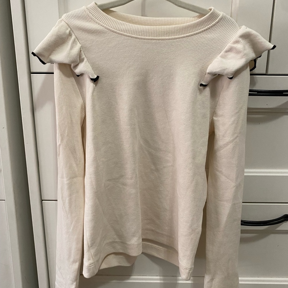Zara Cream Long-Sleeve Ruffle-Shoulder Top with Black Trim